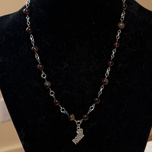 Genuine Dark Brown Agate Necklace, Natural Gemstone & Dog Person Paw Print Charm - Picture 3 of 15